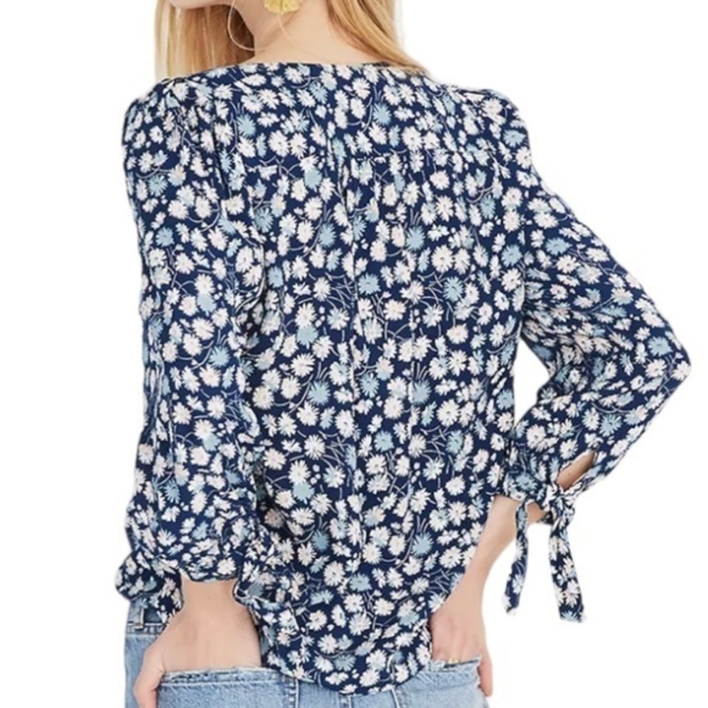 Madewell Button Down Blue/Pink/white Floral Tie Sleeves Blouse- Small - Picture 3 of 10